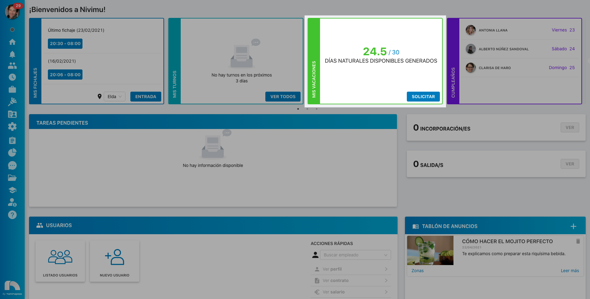 Widget Vacaciones