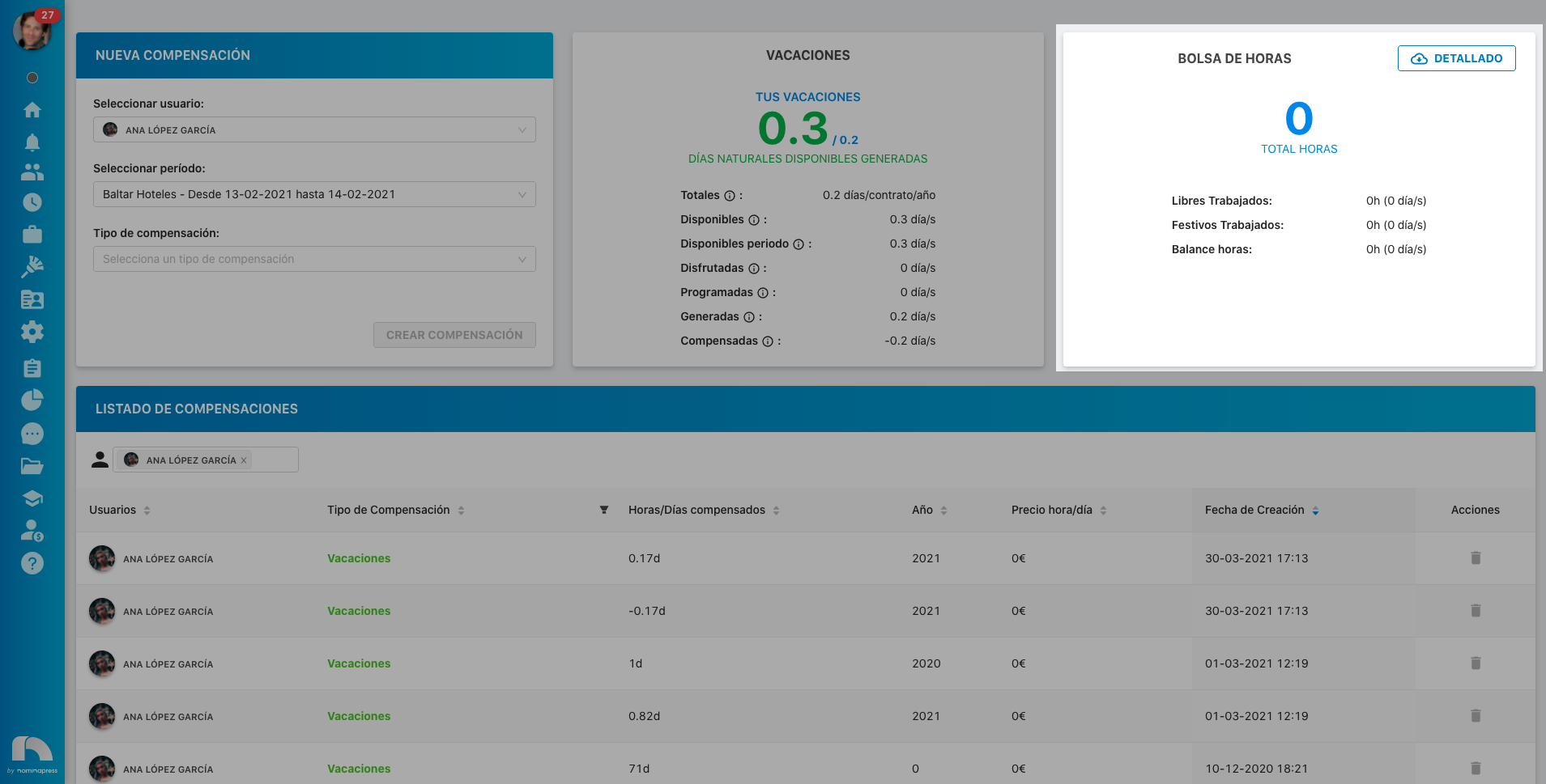 Widget Compensaciones Calendario