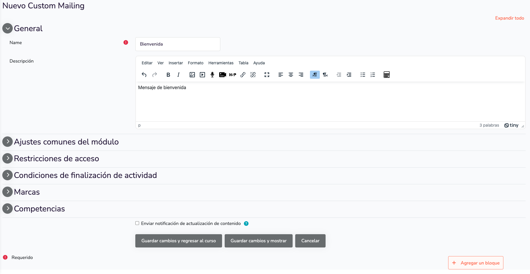 Custom Mailing configuration screen