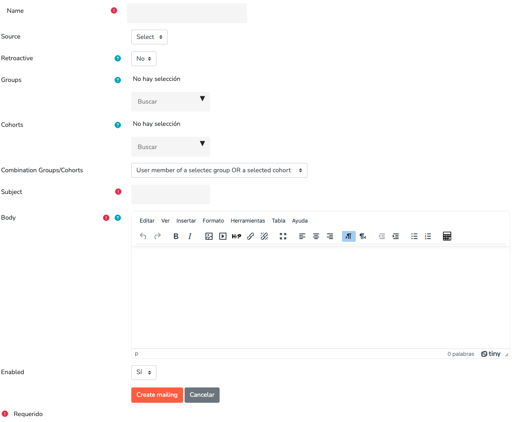 New mailing creation screen