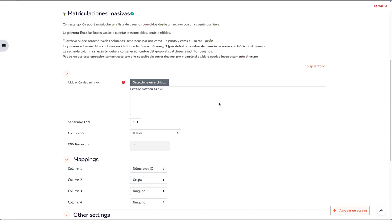 Configuración CSV